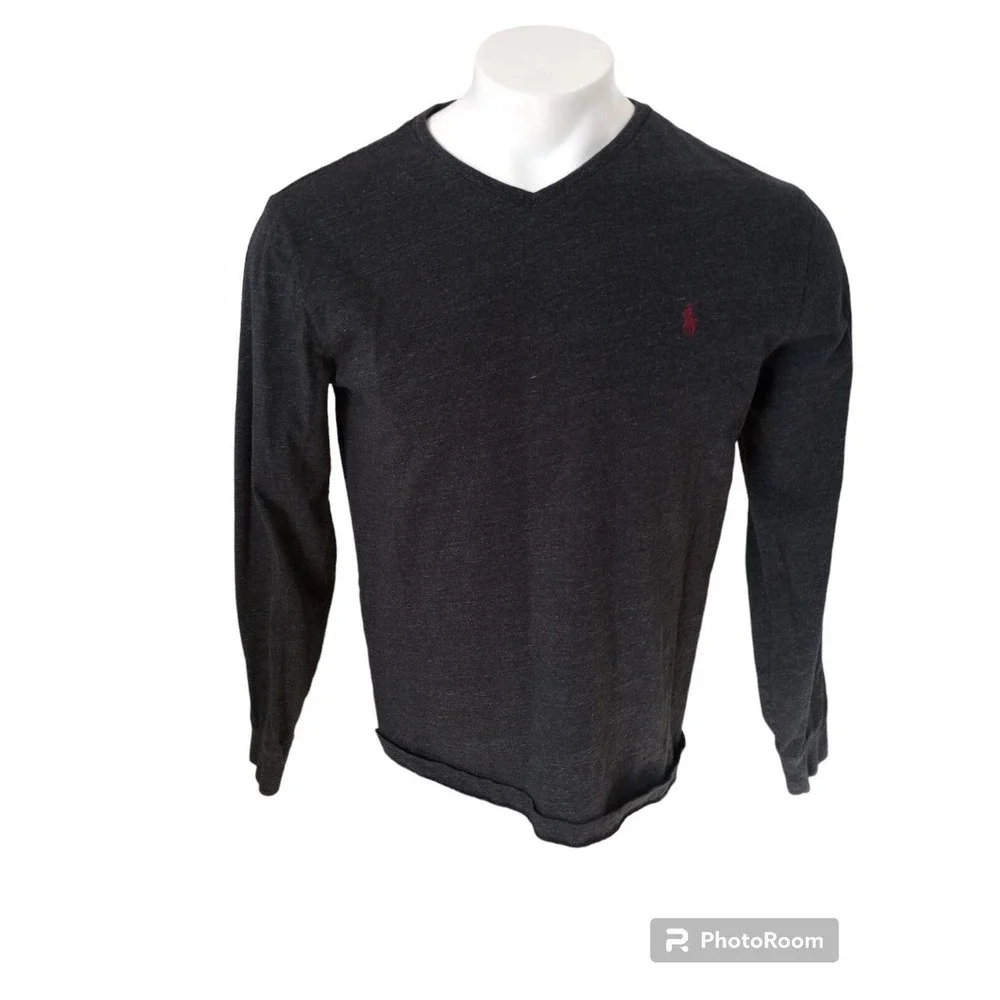 Polo Ralph‎ Lauren T Shirt Mens M Gray Heather Red V Neck Long Sleeve